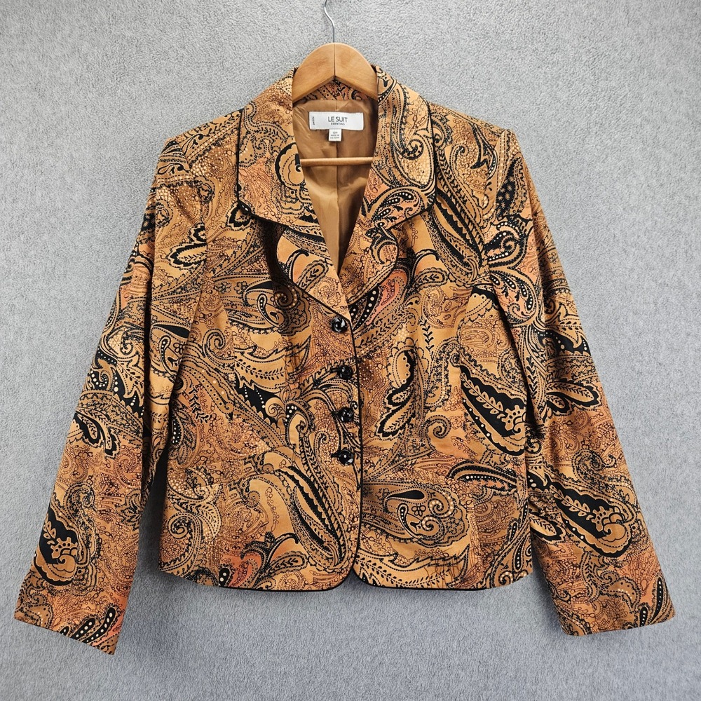 LE SUIT Blazer Women 12P Brown Paisley Button Front Petite Career Professional